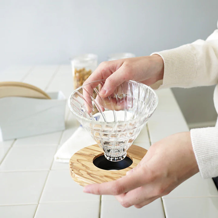 Hario V60-02 Glass Coffee Dripper with Olive Wood Holder - Brewing Gadgets India Private Limited