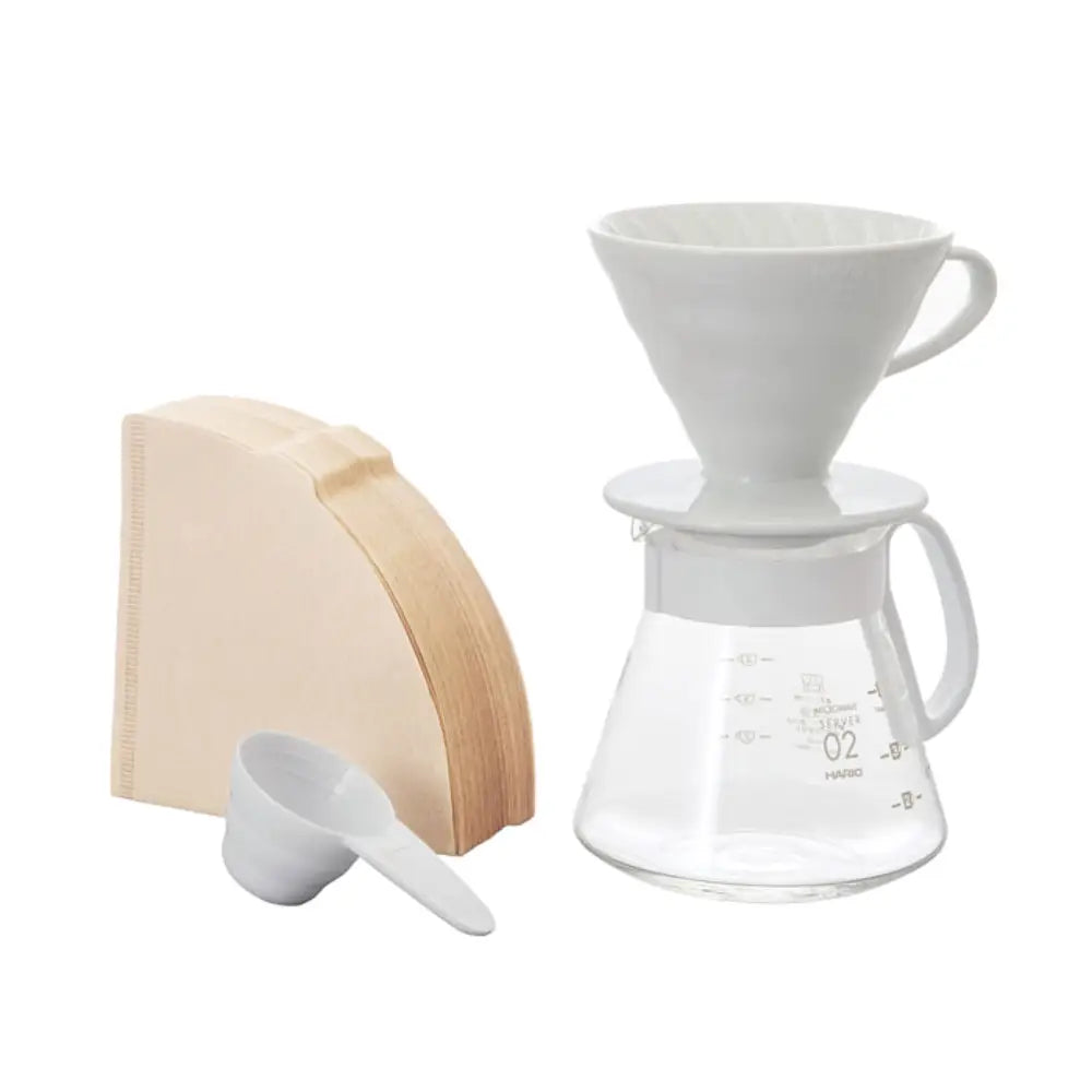 Hario V60-02 Ceramic Coffee Dripper Set, White