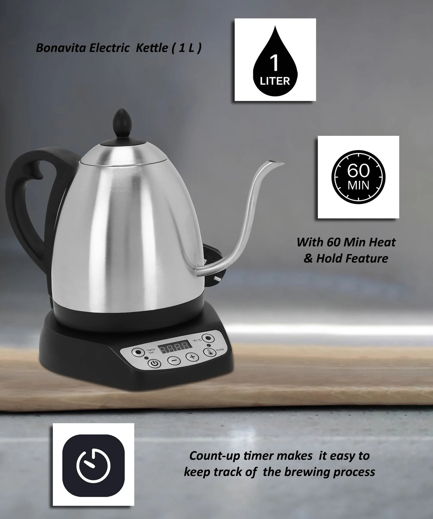 Bonavita 1L Gooseneck Kettle: Digital Variable Temperature