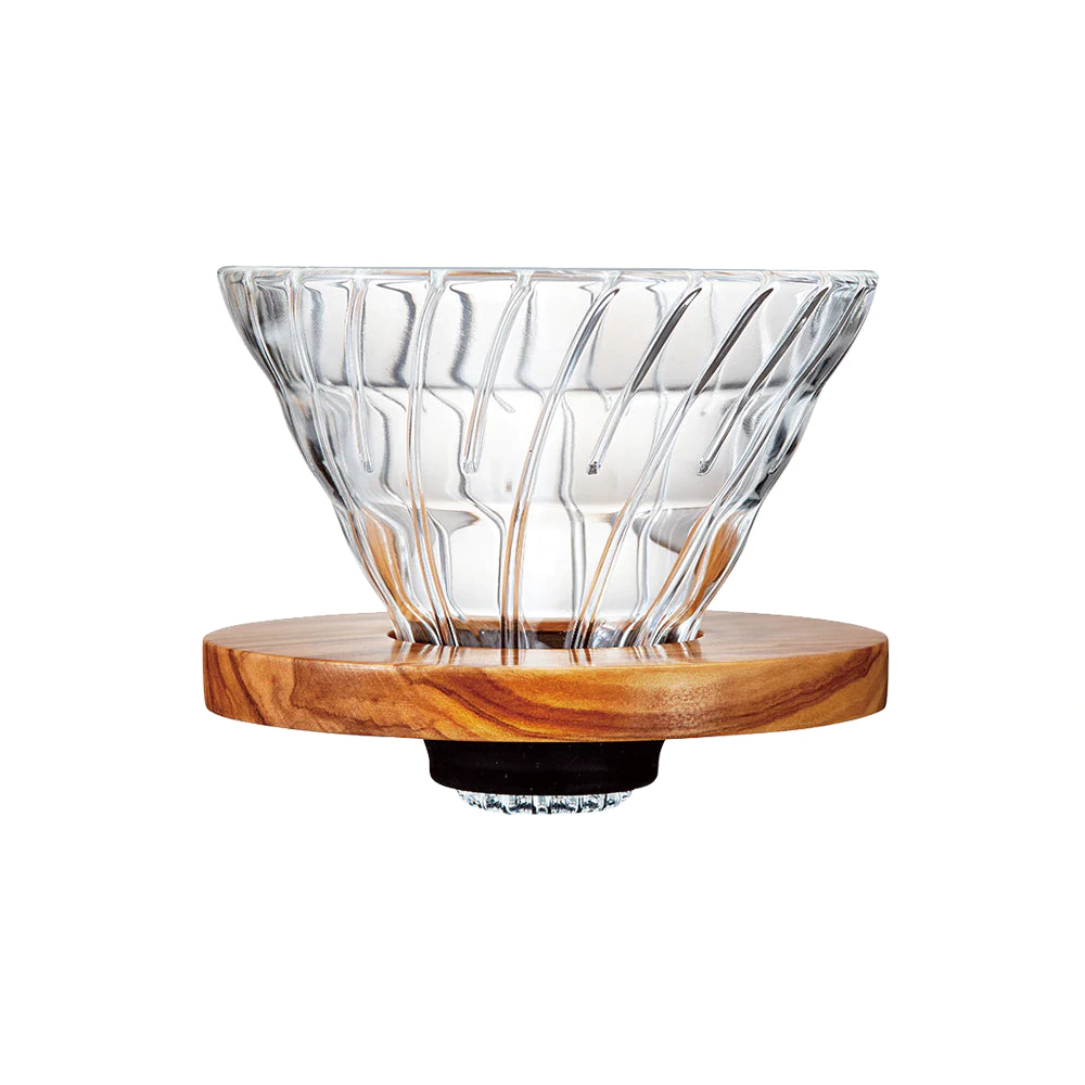 Hario V60-02 Glass Coffee Dripper with Olive Wood Holder